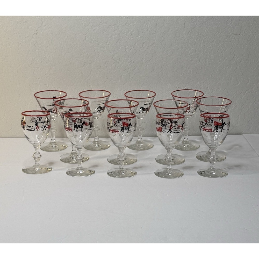 VINTAGE LIBBEY Set Of 13 Stemmed Cocktail Wine Glasses 5" Tall Farmer Horse Race